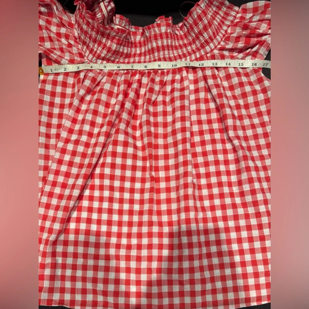 LOFT Red and White Gingham Off-Shoulder Blouse